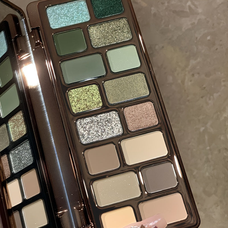 16-color Eyeshadow Palette with Matte, Shimmer & Glitter Finishes - Grey, Green, Earth Tones for Smoky Retro Looks, Highlighter & Blush Multi-Use Makeup Palette, Compact Design for