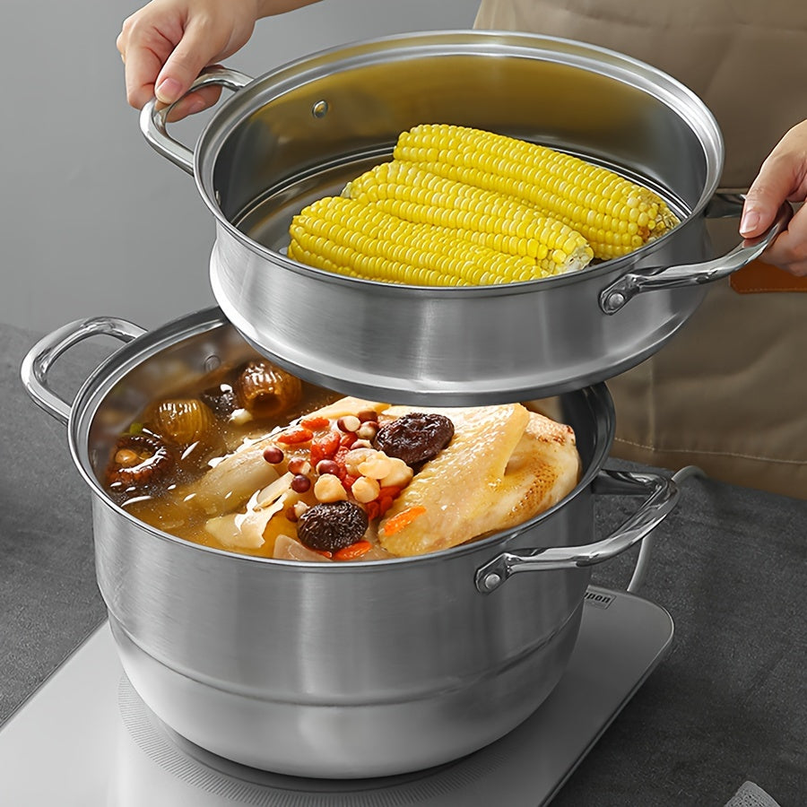 Get ready to upgrade your cooking game with the 5-piece Smart Timer Steamer Set! This set includes a deep soup pot, steamer basket, 2 plates, and a lid. With its versatile design, you can use it for both steaming and simmering. It's compatible with a