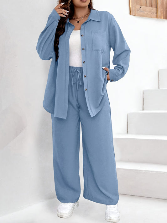 Spring-ready Women's Plus Size Solid Color Shirt and Tie Waist Pant Set