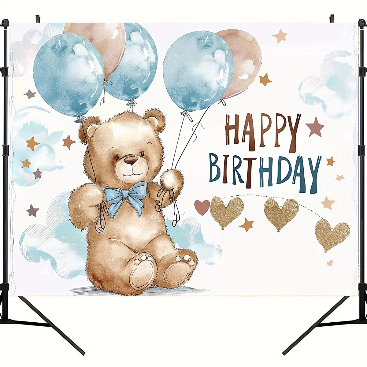 Youngsters' party backdrop featuring blue balloons, clouds, stars, and a cute teddy bear - perfect for birthdays.