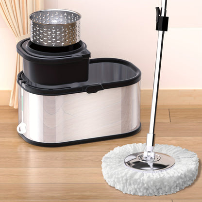 The Stainless Steel Spin Mop and Bucket Set includes 2/4/6 reusable pads for hands-free washing. This dual-use set is perfect for wet and dry floors, making it ideal for home, kitchen, and bathroom cleaning. The stainless steel design ensures durability