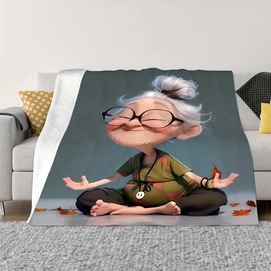 Modern Yoga Granny Throw Blanket made of Soft and Comfortable Flannel Fleece, featuring a Digital Print on Polyester material. It is a Lightweight Fabric weighing 200-250g, with All-Season Cozy Knitted Craftsmanship. Perfect for gifting to family