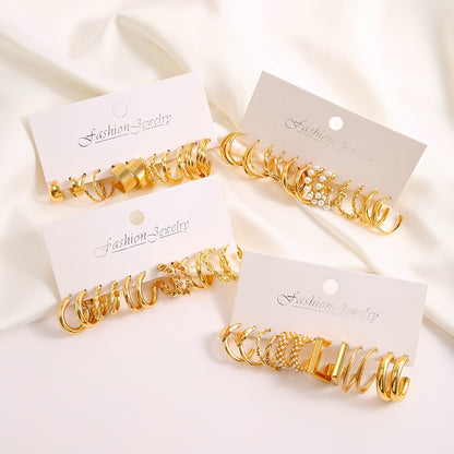 48pcs Golden-Tone Hoop Earrings Set - Zinc Alloy with Stainless Steel Posts, Ideal for Casual Wear & Gifting, Novelty Design