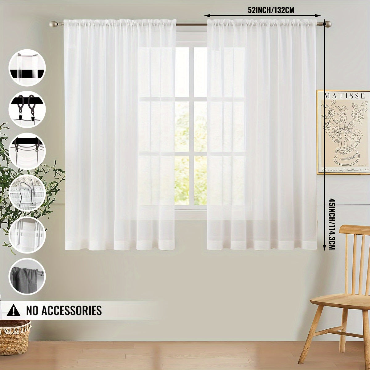 Set of 2 White Sheer Privacy Curtains – Semi-Transparent Window Drapes for Bedroom and Living Room, Filtering Light with Scratch-Resistant Material. Features Rod Pocket, Hooks Belt, Back Tab, Clip Rings, and Track System for Easy Hanging. Stylish Curtain