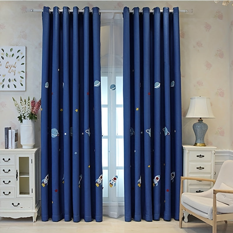 Нavy blue faux linen curtain with cartoon embroidery, paired with a white outer space cartoon tulle sheer curtain for bedroom window treatment.