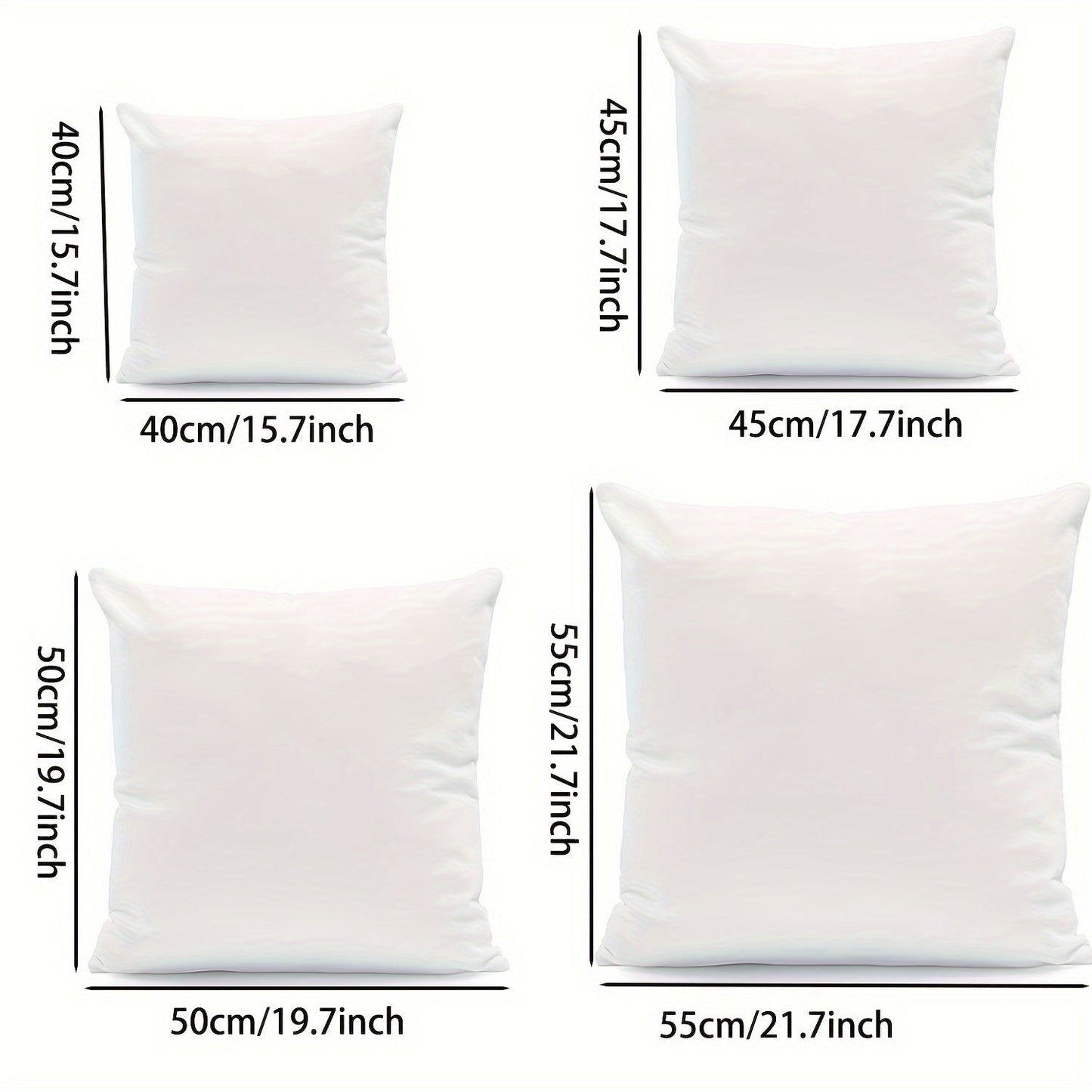 Soft, fluffy square pillow inserts with zipper closure available in sets of 1, 2, or 4. Made with 100% machine washable polyester cover material and filled with 100% polypropylene. These white-colored pillows are suitable for all seasons and can be used