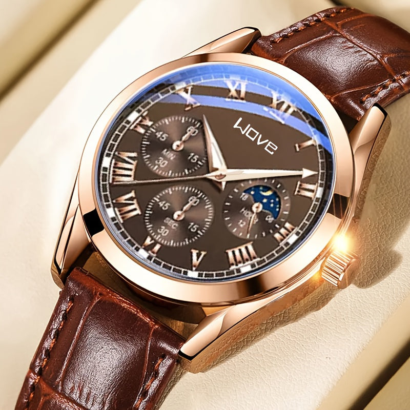 Men's Fashion Quartz Watch: Business-style round alloy case with PU leather strap and non-rechargeable battery.