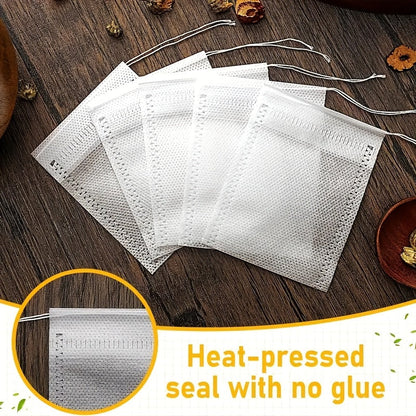 Pack of 100 Premium Disposable Tea Bags - Clear Non-Woven Fabric with Drawstring Closure, Great for Convenient Brewing - Suitable for Home & Business Use, Comes with Extra Scented Tea Leaves