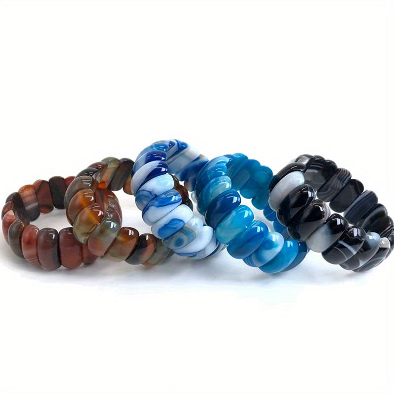 Colorful Striped Botswana Agate Beaded Bracelets - 10x25mm Natural Agate Hand Chains - Perfect for August Birthdays - No Plating - Versatile for Daily Wear and Special Occasions - Year-Round Stylish Accessory