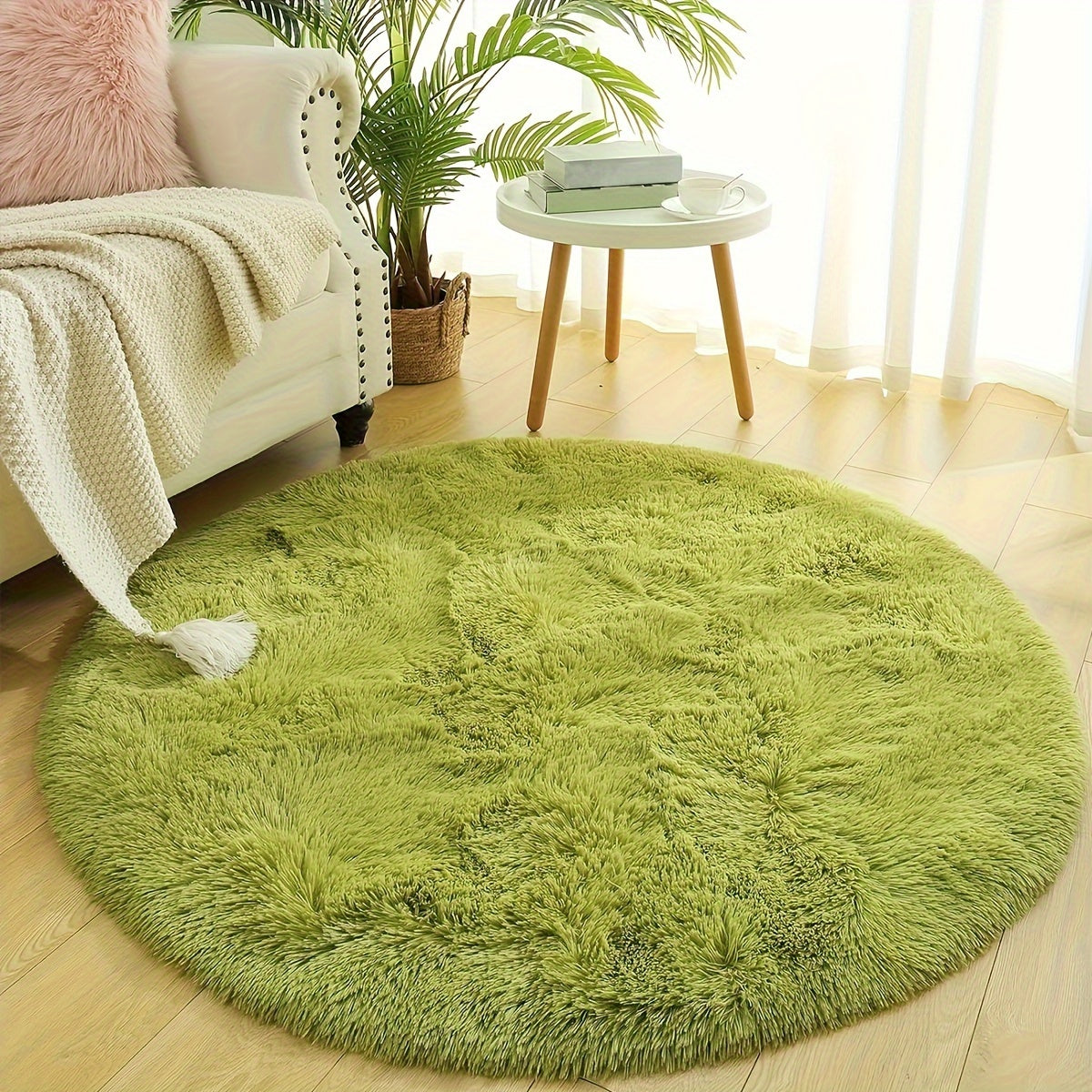 Soft and plush round area rug featuring a modern design in polyester material. Perfect for adding a cozy atmosphere to your bedroom, living room, study, or entertainment areas. Easy to clean and maintain, but recommended for dry clean only. Available in