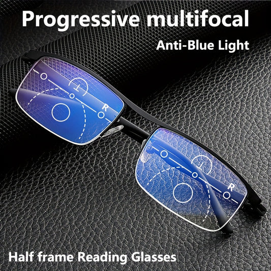 Automatic dual-purpose multi-focus reading glasses for men and women with anti-blue light technology and half-frame design.