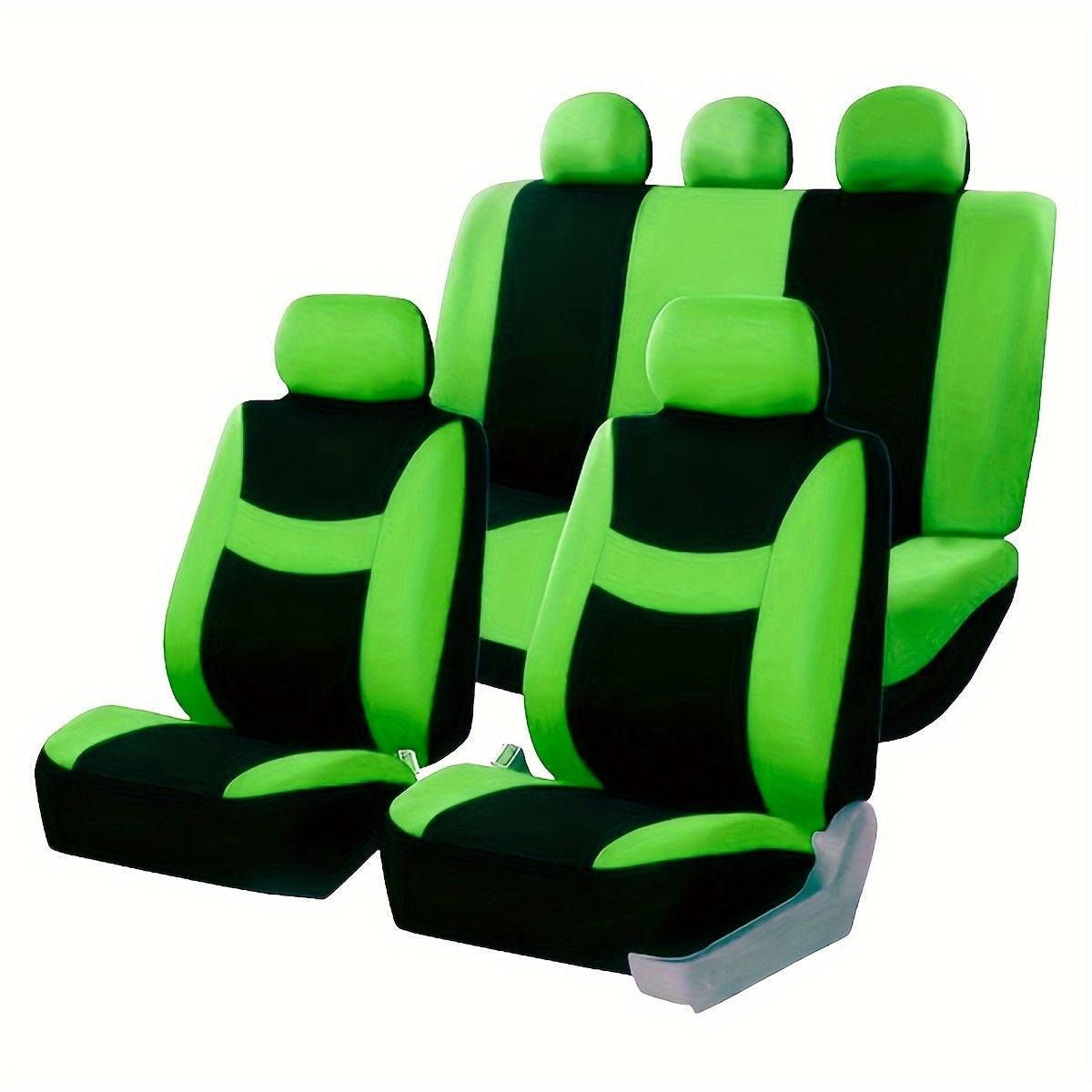 New full seat cover set for 5-seater car, includes 2 front seat covers, 1 rear seat back cover, 1 rear seat cover, and 5 car seat head covers.