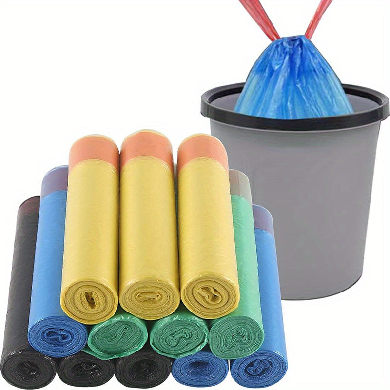 75 pieces of multi-colored disposable trash bags made of durable, leak-proof polyethylene for easy cleanup in the kitchen, bathroom, bedroom, and living room.