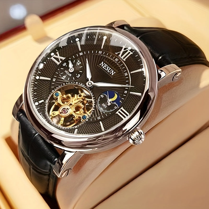 Nesun men's mechanical watch with luminous design and hollow style, perfect for business gentlemen. This fully automatic watch doesn't require a battery and makes a great gift for men.