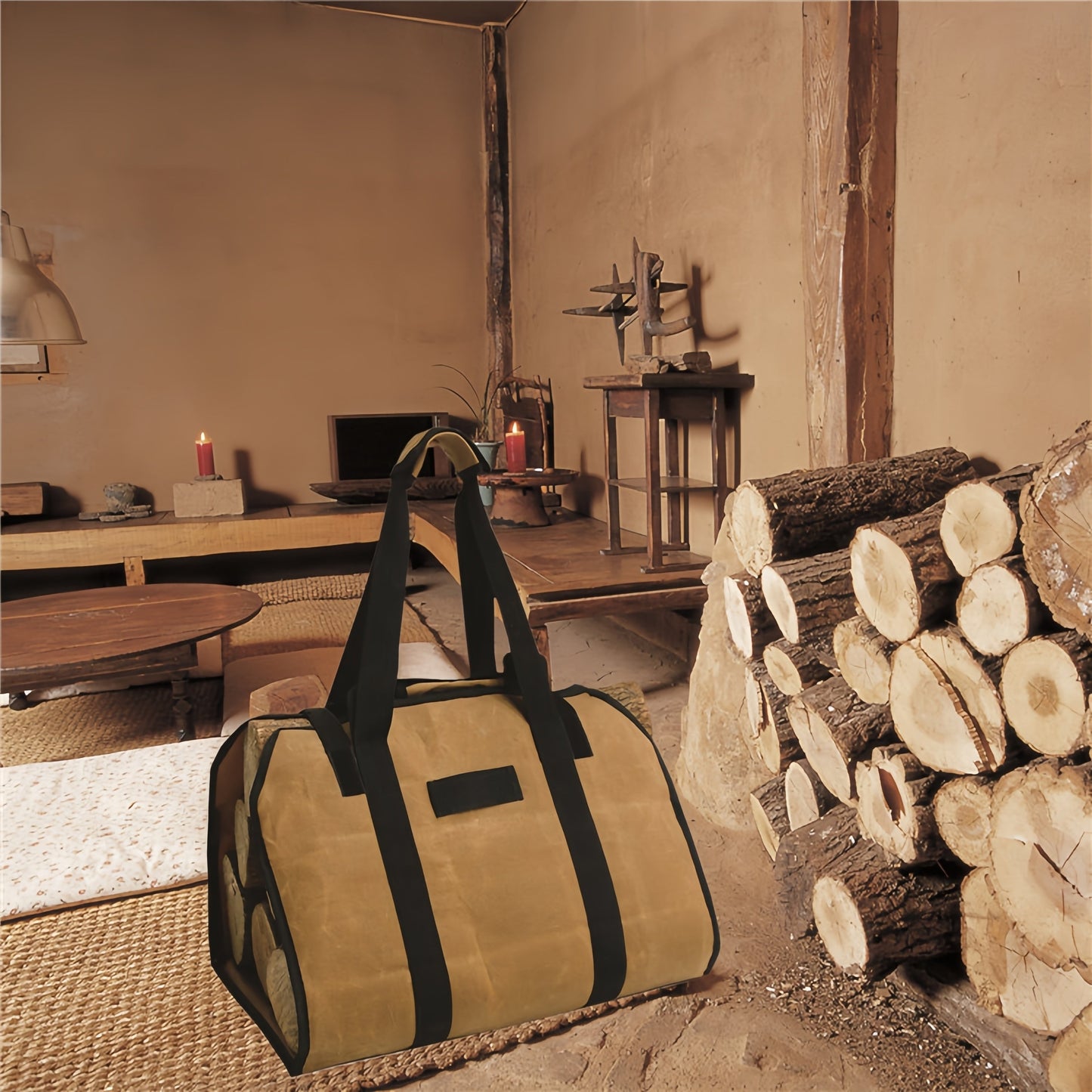 Strong Canvas Firewood Carrier with Handle - Convenient Log Tote for Effortless Wood Transportation