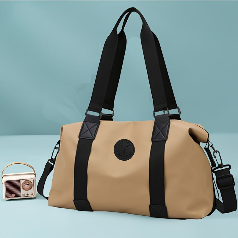 Women's travel duffel bag in khaki nylon with large capacity, expandable handle, and casual style.