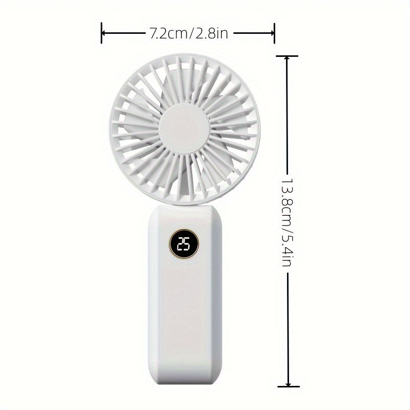 Get yourself the perfect portable mini fan! This fan comes with a digital display, USB rechargeable feature, quiet operation, foldable handle, and can be used on a desk or handheld. Made of durable ABS material in a sleek white design, this fan measures