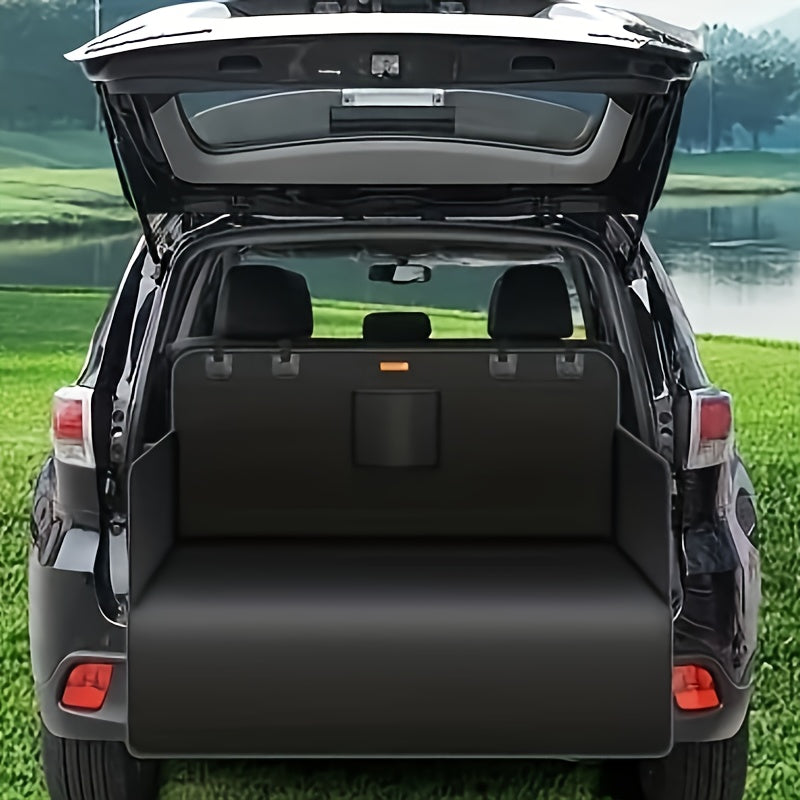 Waterproof black fabric trunk liner protects pet cargo from scratches in small trucks and SUVs.