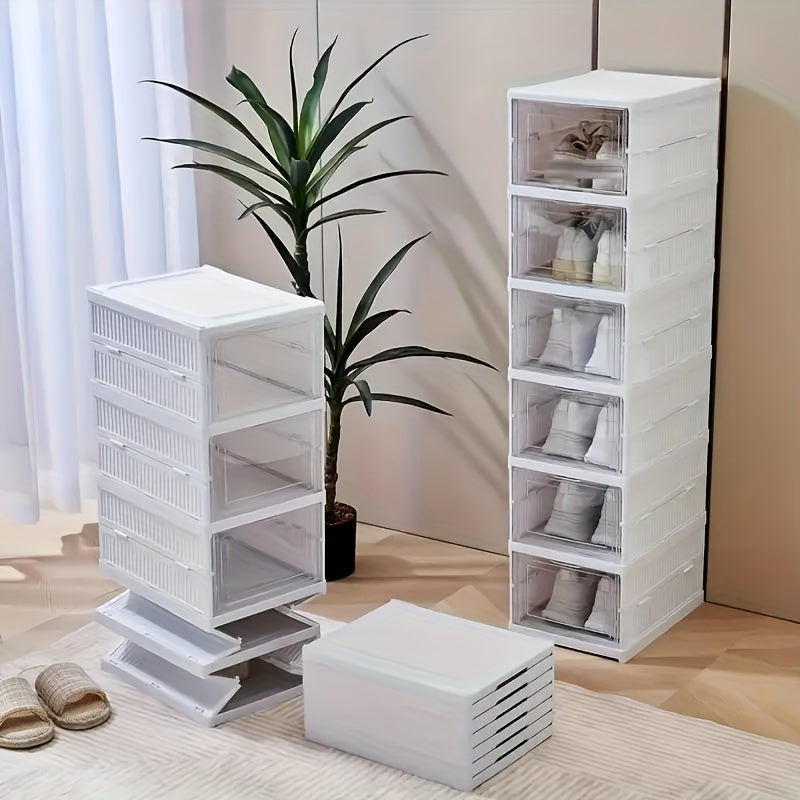 Free-Standing, Stackable & Dust-Proof Plastic Shoe Rack with Lid - Modern 6-Layer Foldable Storage Organizer for Entryway and Closet