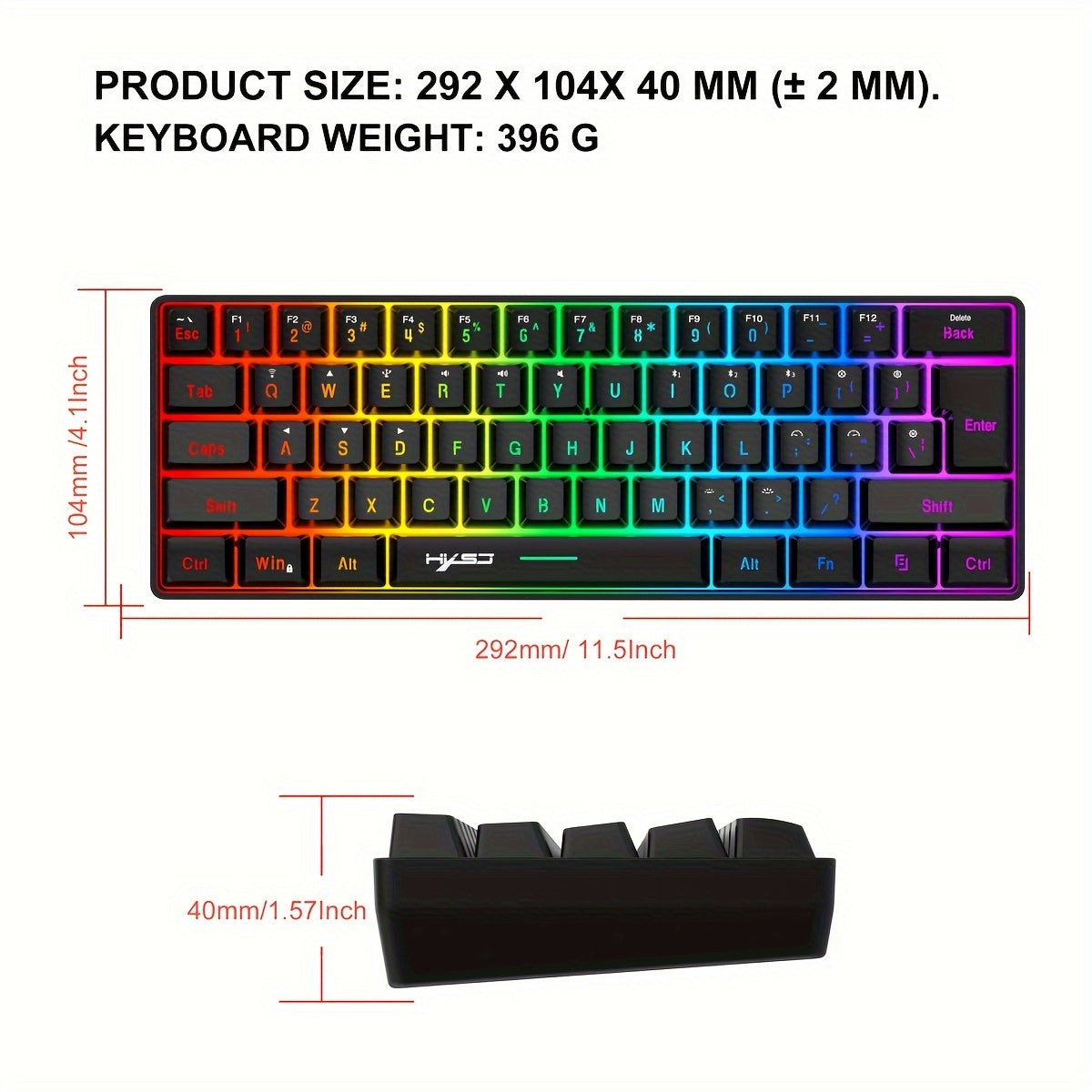 HXSJ Mini Wireless Gaming Keyboard with RGB Backlit and 61 keys for Office/Home Use.