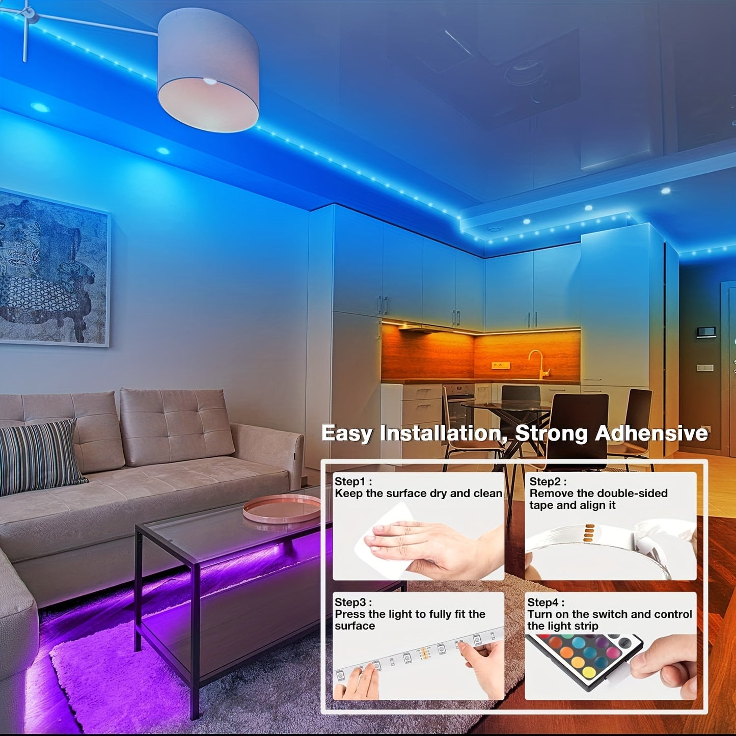 Control LED strip lights wirelessly with an infrared remote to customize RGB lighting and decorate living room atmosphere with flexible ribbon lamp string.