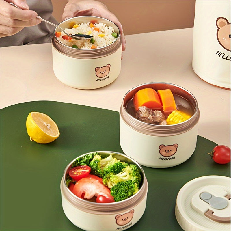 Stainless Steel Insulated Lunch Box with Microwave-Safe Soup Bowl, Portable Bento Box for Students & Office Workers, Cute Bear Design, Hand Wash Recommended, Round Shape, No Electricity Needed, Kitchen & Dining Storage Solution