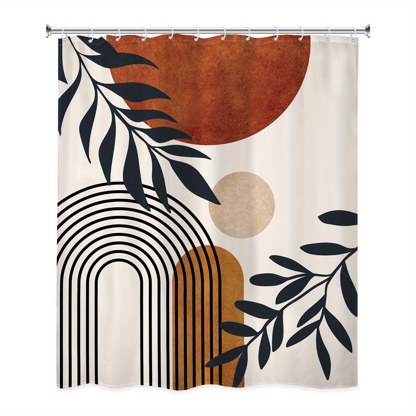 Bohemian abstract medieval shower curtain set includes 1 waterproof curtain, 12 hooks, non-slip bath mat, U-shaped toilet mat, lid mat, and bathroom accessories. Features brown geometric leaves and arched sun plant decoration in a neutral modern