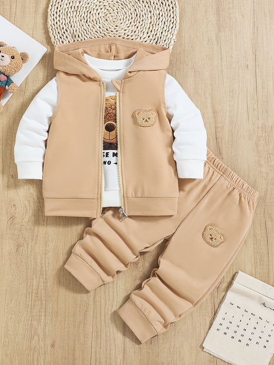 Children's 3-piece Boy Bear Embroidery Set including hooded vest, sweatshirt, and pants. Perfect for spring and autumn outdoor wear, great as a gift.