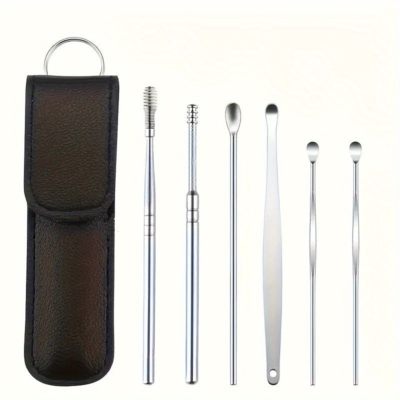 Ear Care Kit with 6 stainless steel ear spoons and storage case for daily cleaning at home or outdoors, no battery needed.