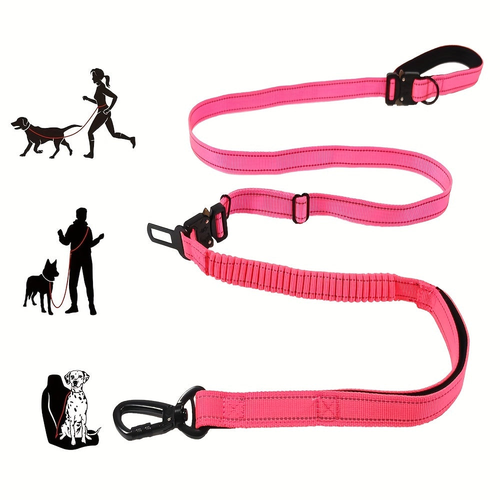 6-in-1 Hands-Free Dog Leash for Medium to Large Dogs - 3.05m, Striped Polyester, Full Metal Fittings, Safety Car Seat Belt, Shock Absorbing Bungee