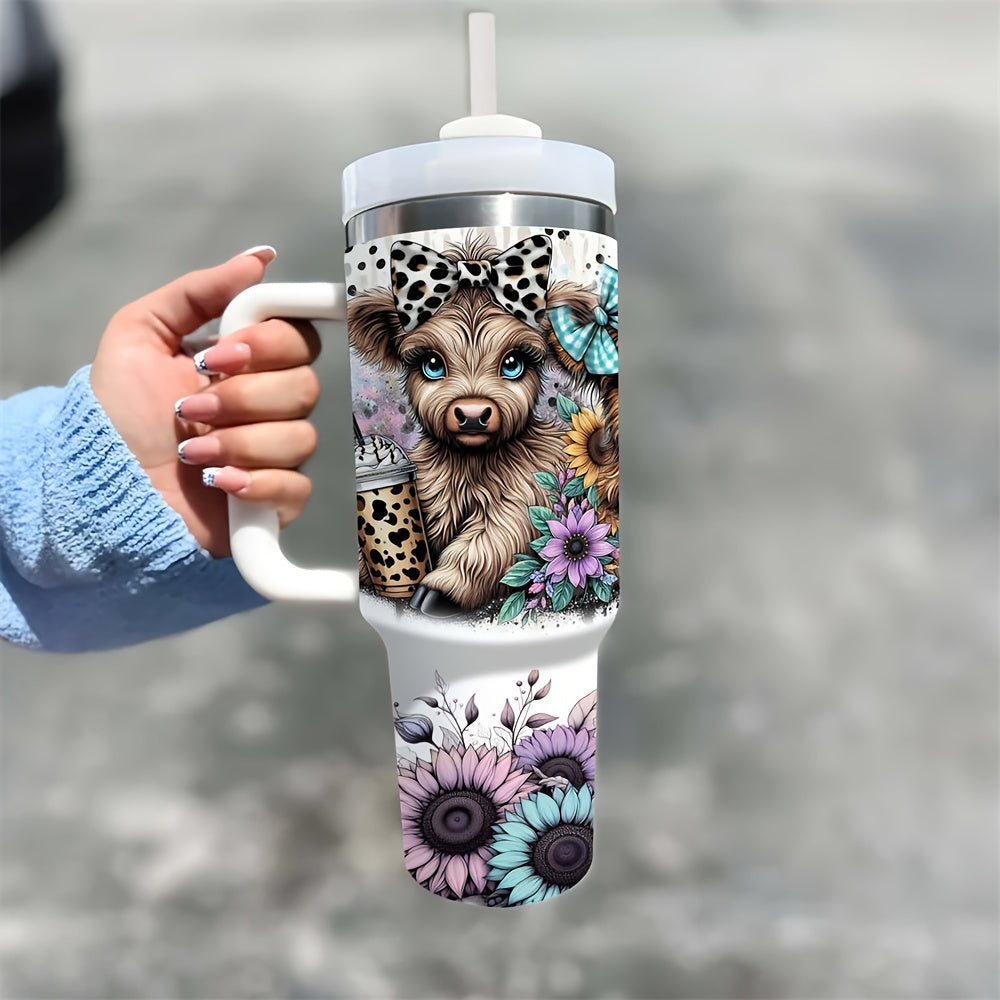 Stainless steel tumbler with handle and straw, featuring Highland Cow and Sunflower design, ideal for coffee, milk, and beer. Great Christmas gift for loved ones. Festive and durable beverage container.