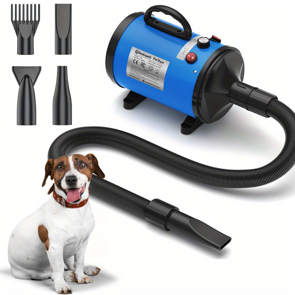 Aookupett Professional Dog Hair Dryer - High-power blower with adjustable heat and speed, includes 4 nozzles for precise grooming.