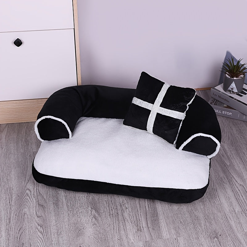 Winter warm pet sofa bed with removable and washable cushion made of comfortable polyester fiber for all seasons. Suitable for small to large dogs and cats. No assembly required.