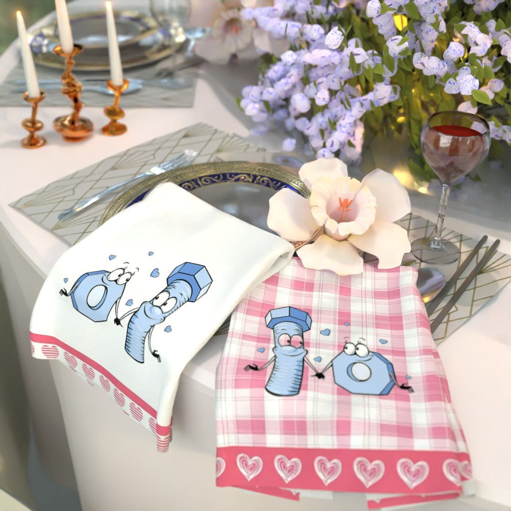 Two pieces of Valentine Heart design kitchen towels, measuring 45.72 x 66.04 cm each. These towels are perfect for all seasons, making them a great gift for camping enthusiasts. They are machine washable and feature long-lasting vibrant colors.