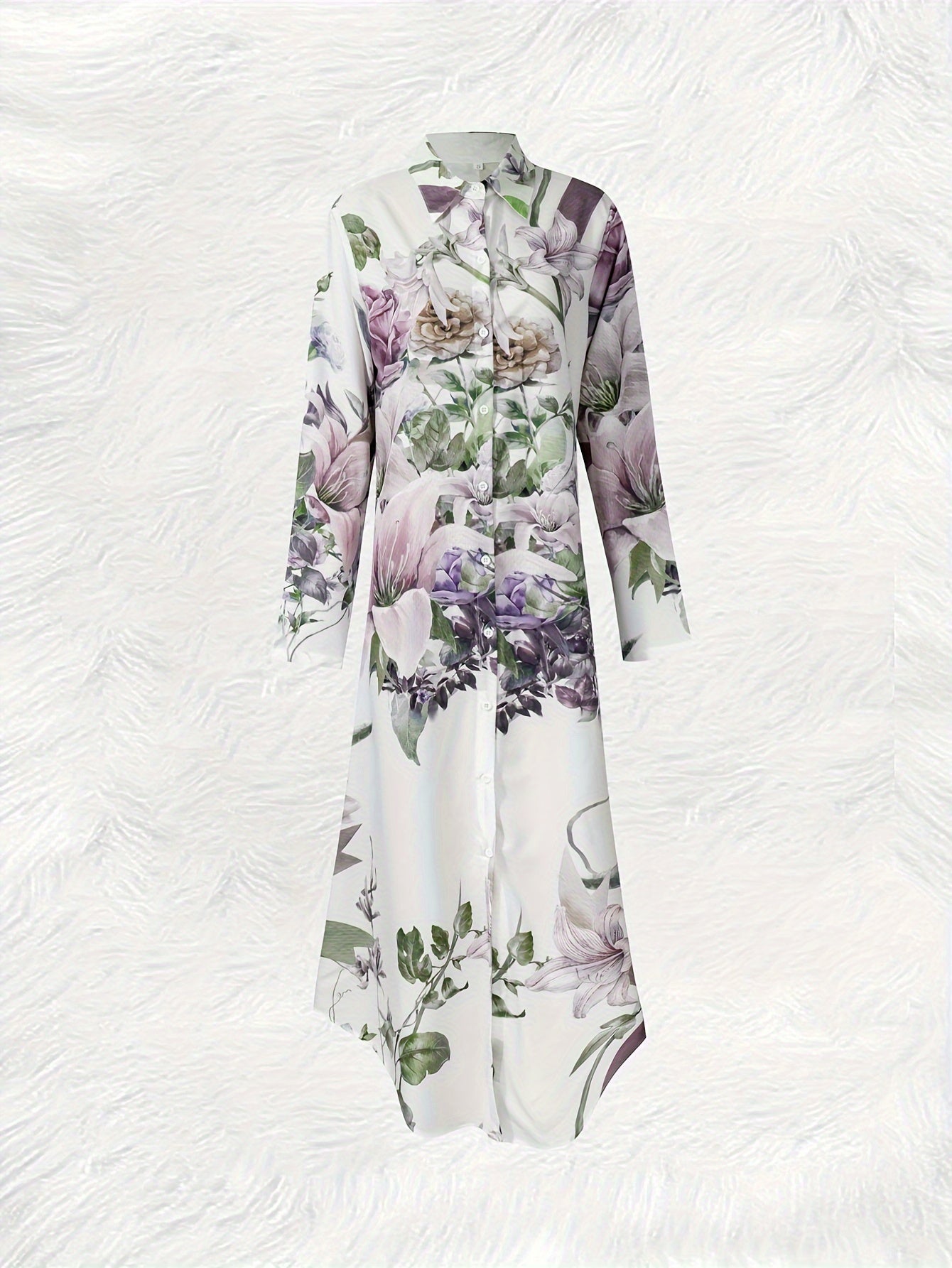 Women's long sleeve shirt dress with elegant floral print, V-neck, button-up, lightweight polyester - perfect for spring/fall vacations.