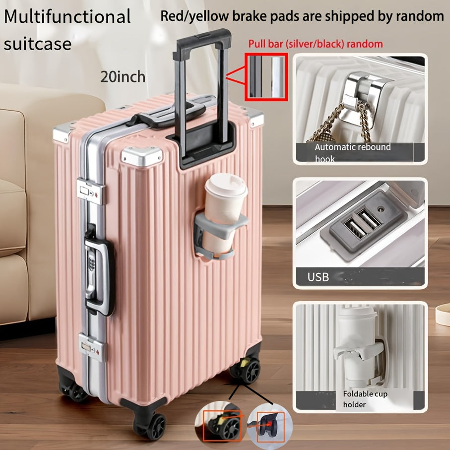 Durable 20-inch travel trolley with spinner wheels, USB port, combination lock, and large capacity. Comes in various colors.