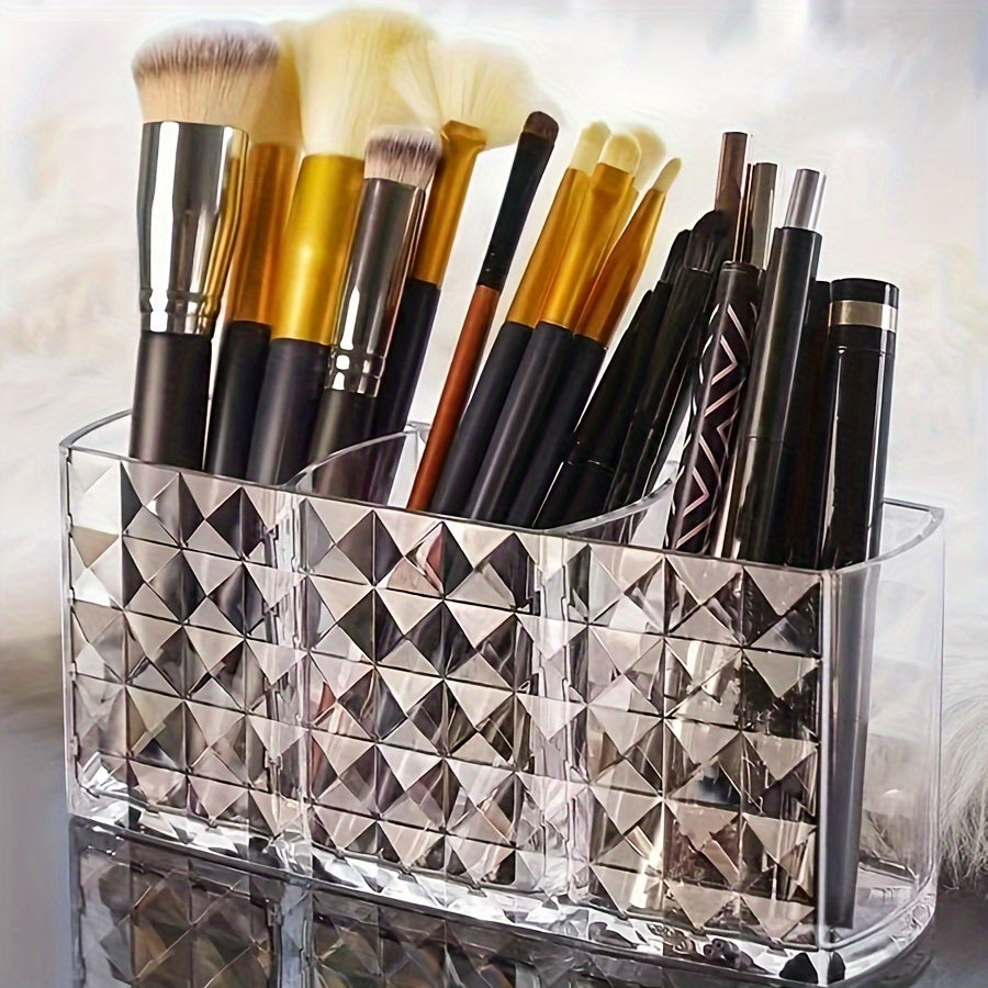 Clear plastic makeup organizer with 3 compartments for cosmetic storage. Ideal for brushes, lipsticks, brow pencils, and remote control. Can be used as a vanity or desk organizer without electricity.