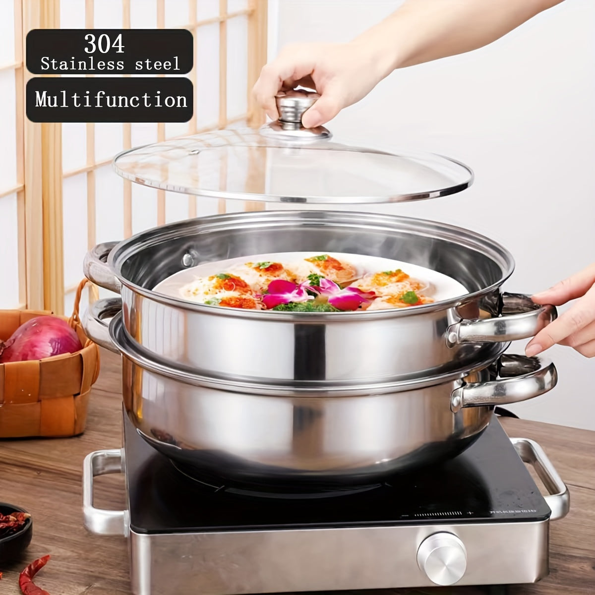 Two-Tier Stainless Steel Steamer Pot Set with Glass Lid - Stackable Saucepans, Induction Stovetop Ready, Ideal for Steaming Food and Vegetables