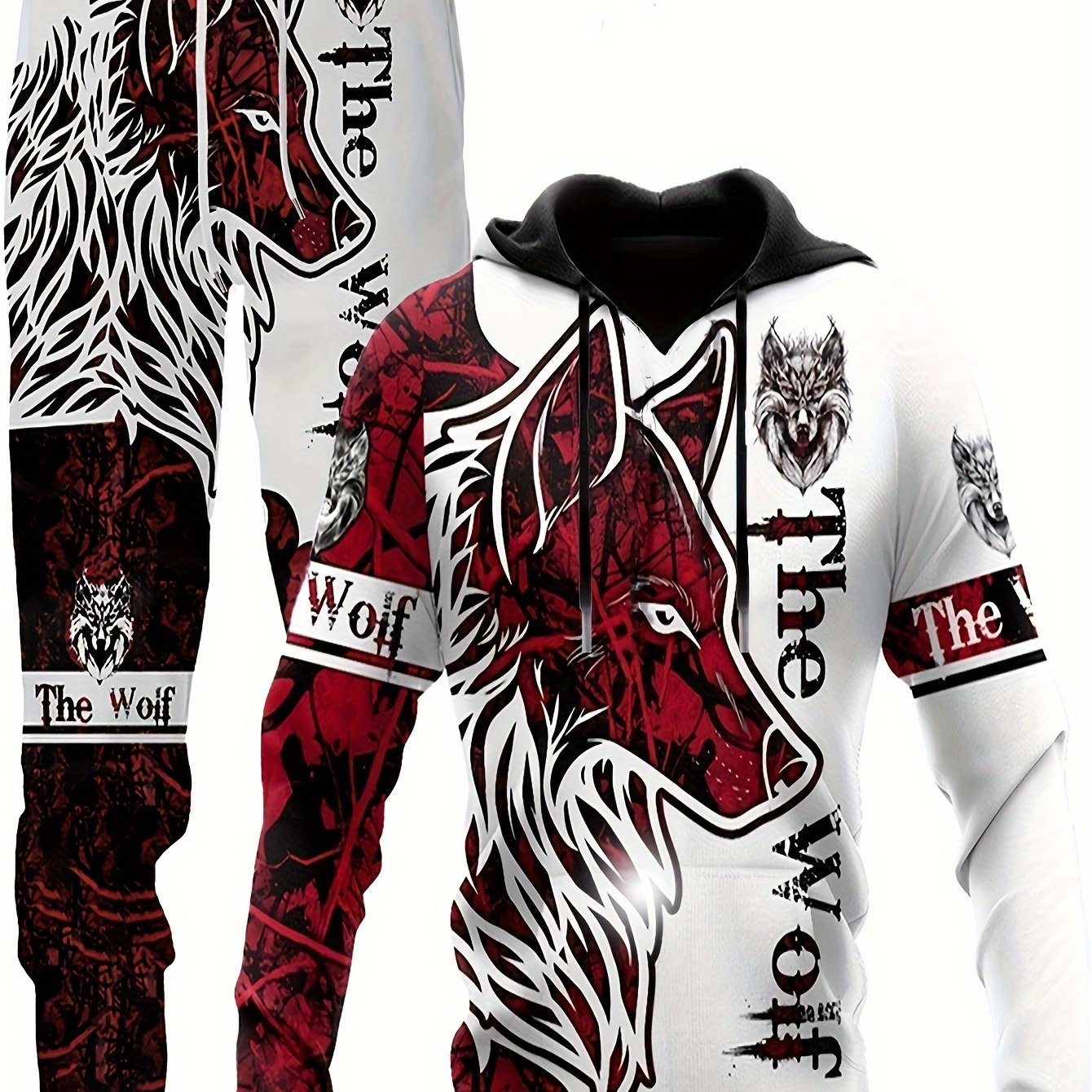 Men's plus size wolf print hooded sweatshirt and pants set, athletic casual style for spring/autumn