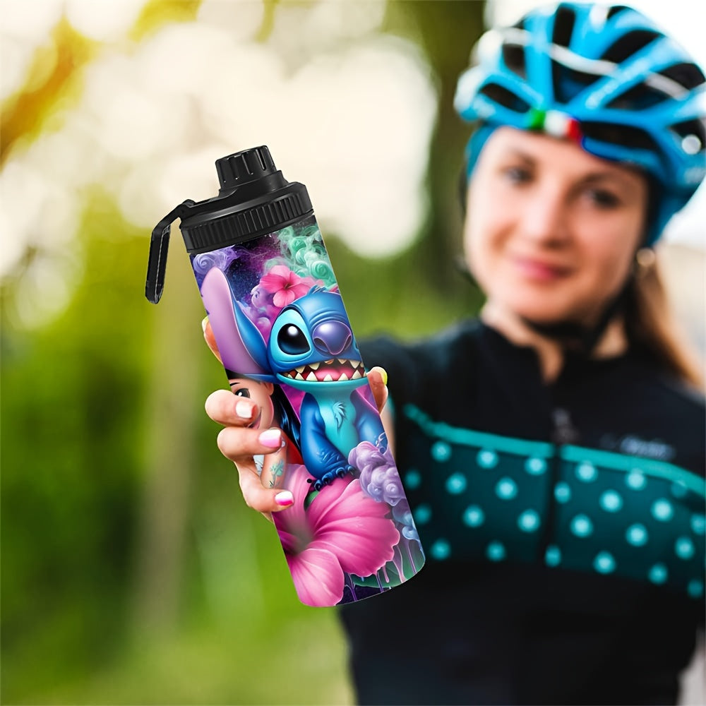 20oz stainless steel water bottle with Stitch and Lilo design, lockable lid, BPS-free, ideal for hot & cold beverages, perfect for outdoor travel, reusable & durable - great Christmas and birthday gift option.