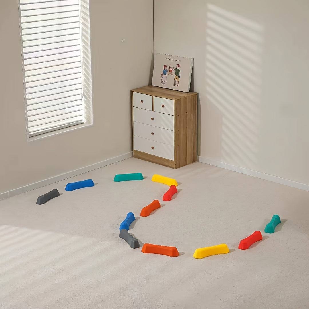 8-piece set of Stepping Stones and Balance Blocks in red, green, blue, and yellow, made of durable PP material for indoor/outdoor use. Perfect for youngsters' fitness and sensory play.