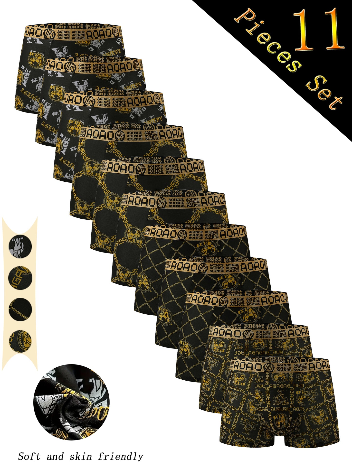 Set of 11 Men's Luxurious Black & Golden Boxer Briefs featuring Geometric Patterns, made of Breathable, Soft Polyester & Spandex Blend for Everyday Comfort.