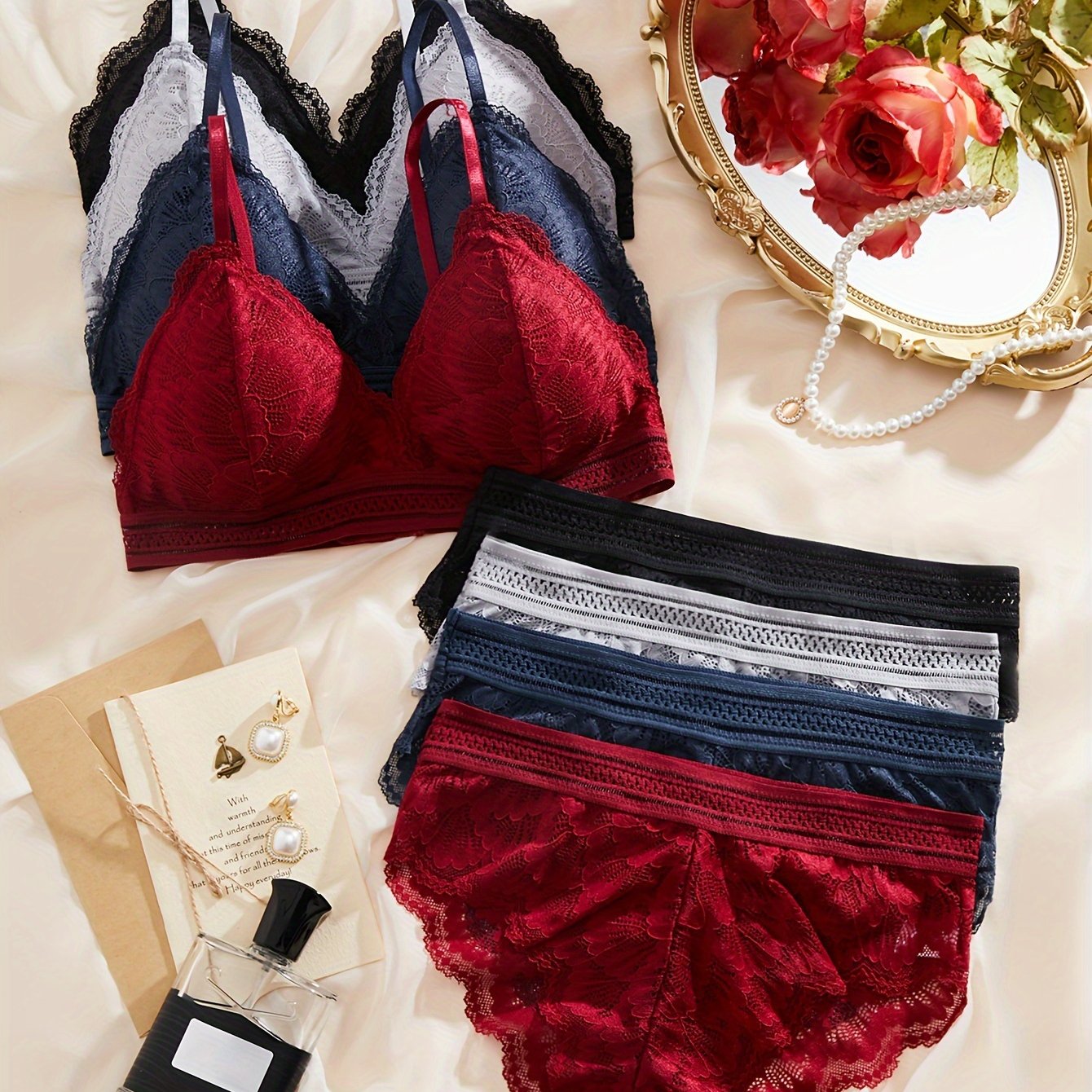 Valentine's Day lingerie sets with lace bras, wireless bras, and scallop trim panties for women.