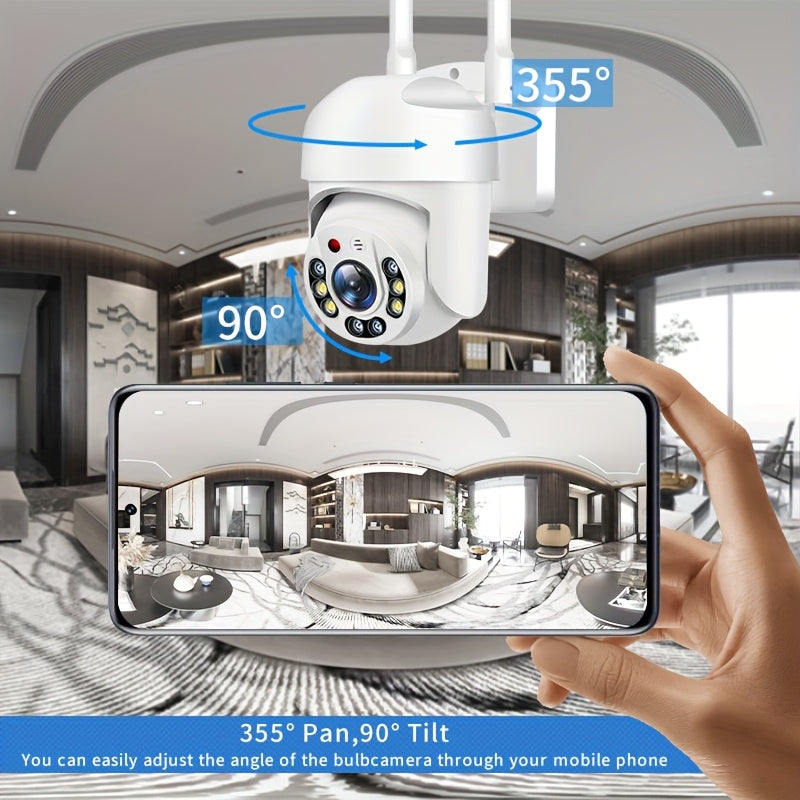 One 1080P WiFi Security Camera with PTZ Auto-Tracking, offering a 360° Panoramic View and Full Color Night Vision. Features include AI Human Detection, Two-Way Audio, USB Powered operation, Smartphone Compatibility, and ideal for Indoor Use.