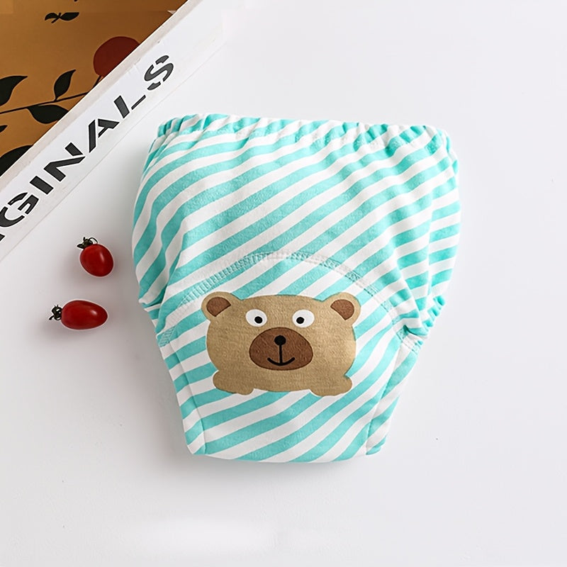 Ocean Green Striped Baby Diaper Cover with Bear Print, Korean Style, Waterproof Cloth Nappy Wrap, Washable & Reusable, Soft Breathable Knit Fabric Training Pants for Babies