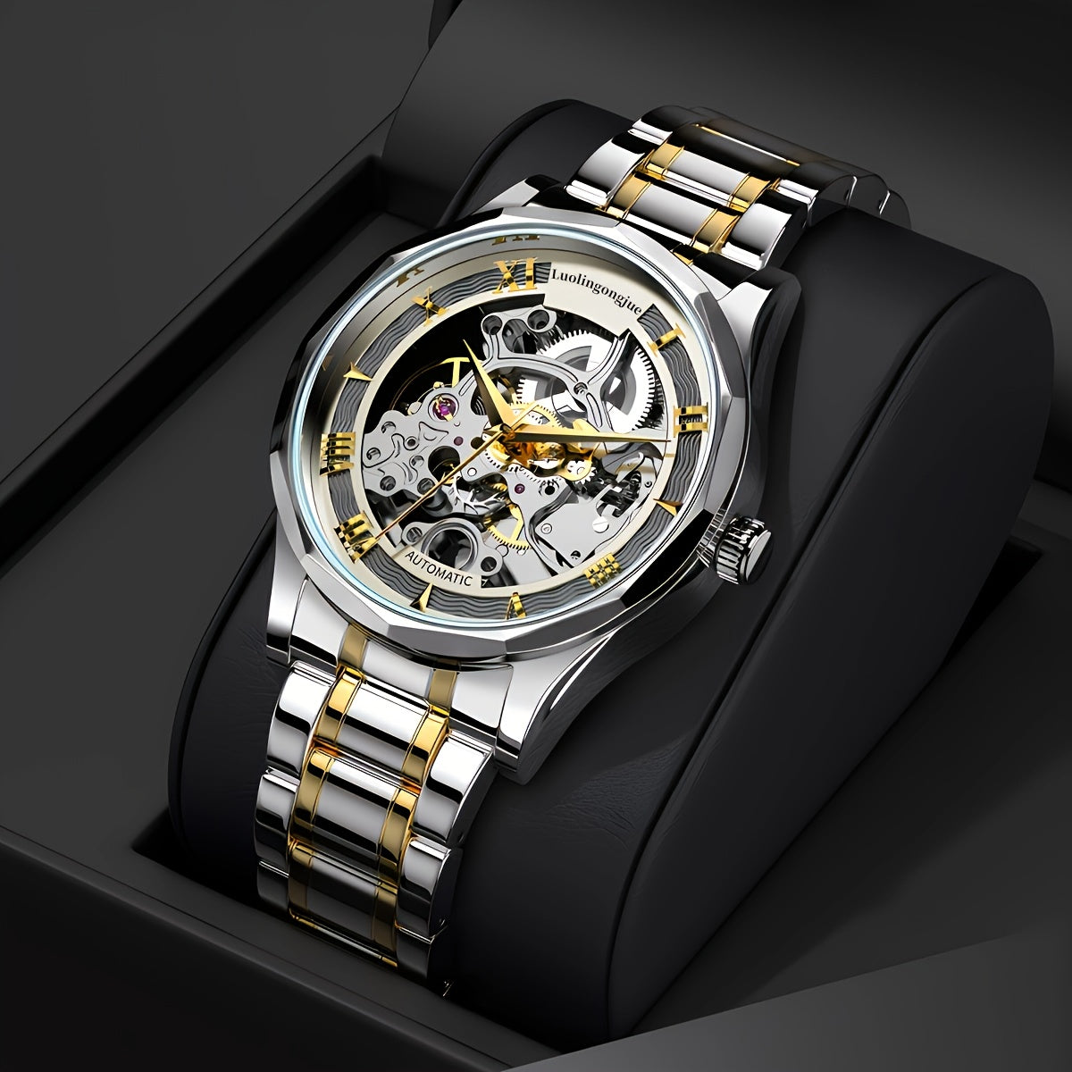 Luxury Men's Mechanical Watch with Stainless Steel Strap, Hollow Dial, and Automatic Self-Winding. Casual Style with Uncharged Power Mode; No Battery Required.