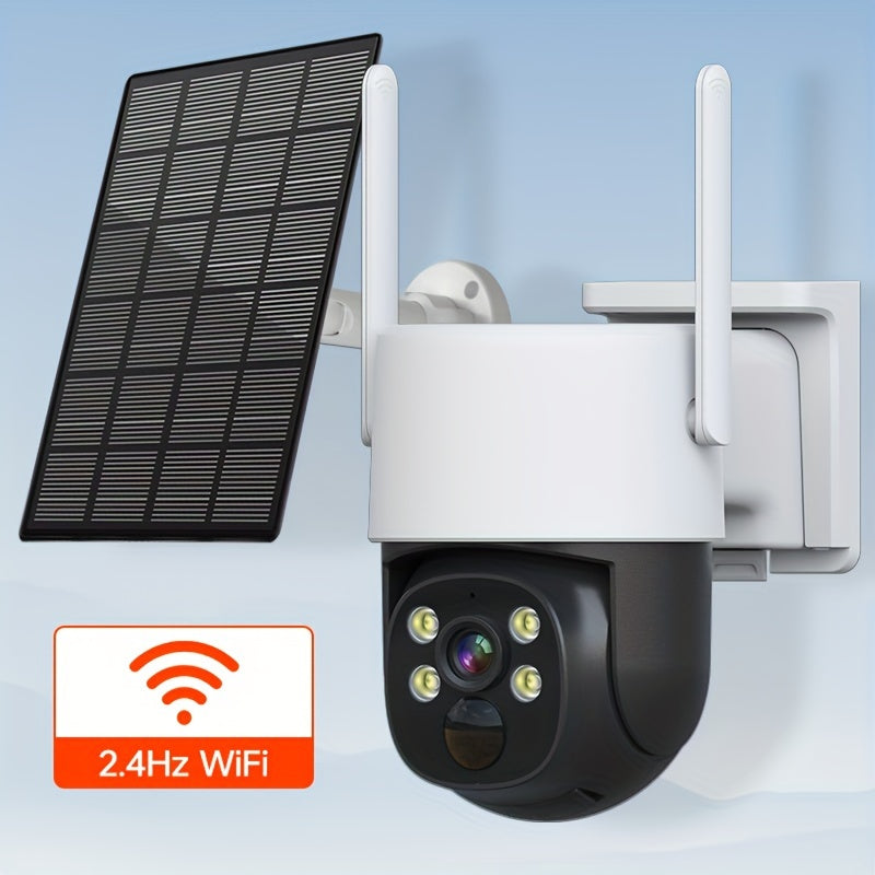 The 2K solar-powered outdoor security camera is a wireless device with pan/tilt capabilities, 1440P HD resolution, PIR motion detection, two-way audio, cloud and SD card support, color night vision, and IP65 waterproof rating.