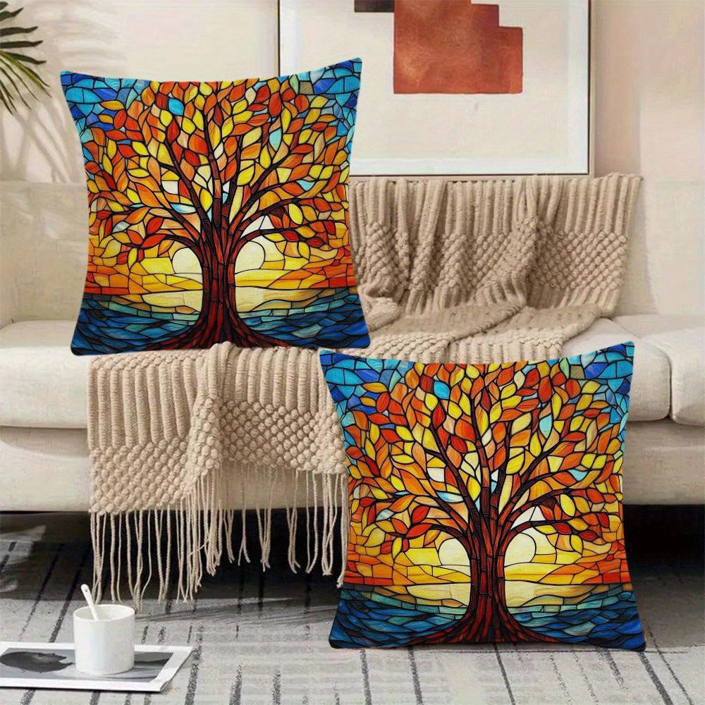 Two pieces of Autumn Tree of Life plush pillow covers measuring 45.72x45.72cm - Suitable for use on sofa, bedroom, and outdoor spaces. Features zip closure and is machine washable.