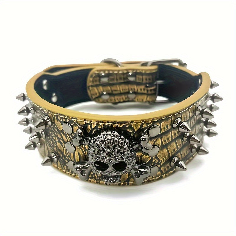 Spiked leather dog collar with bullet rivets and skull design, ideal for medium and large dogs.