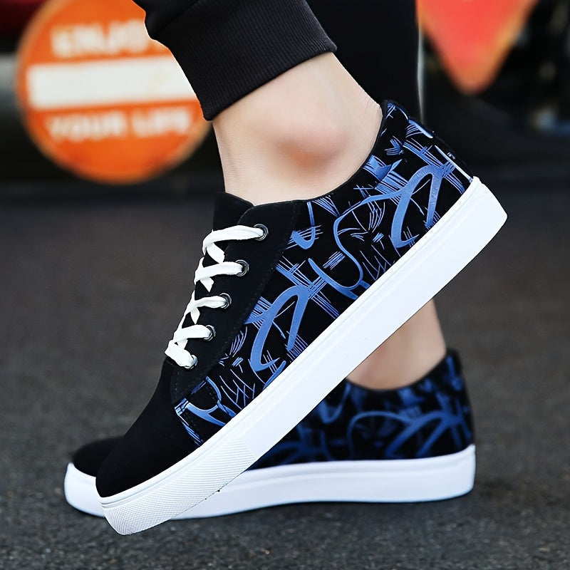 Men's Classic Canvas Skateboard Shoes: Breathable, Non-Slip, Durable Lace-Up Sneakers for Casual Wear, Running. Features Cartoon Pattern, PVC Sole, Fabric Insole. Suitable for All Seasons.